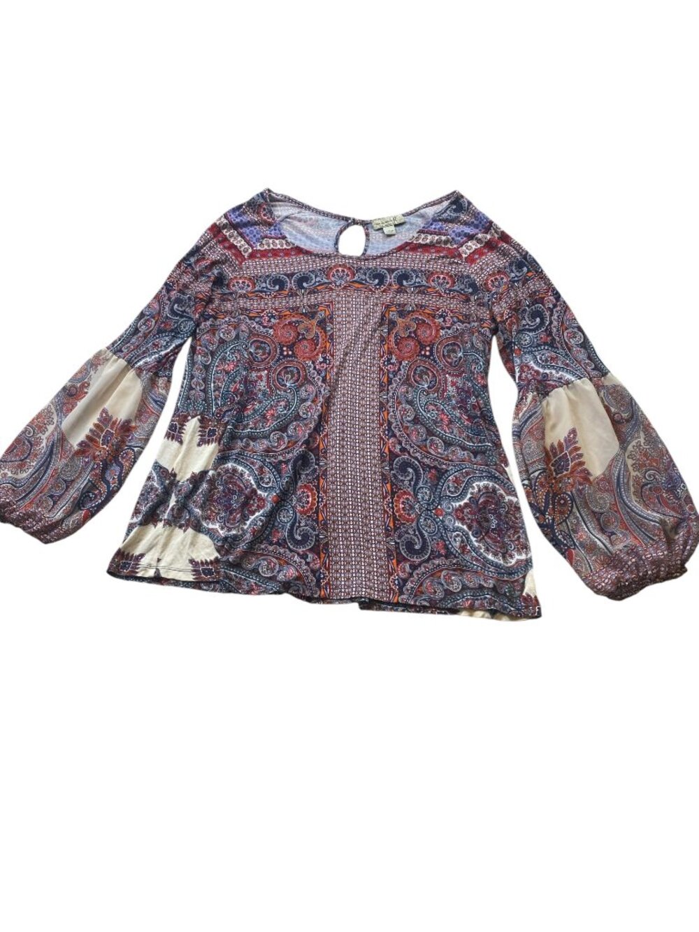 One World BOHO Persian Paisley Long Bishop-Sleeve Top L #171D - Picture 3 of 8